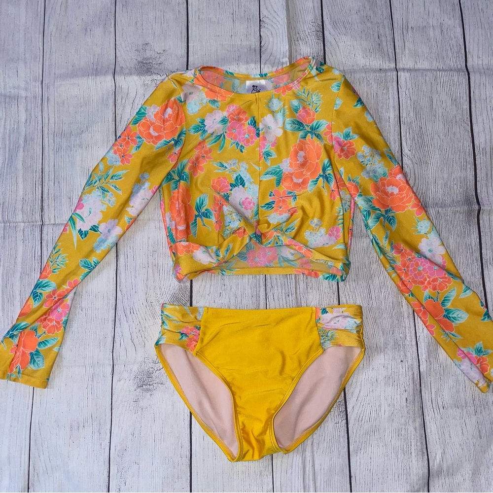 Yellow Floral Kids Long Sleeve Swim Set